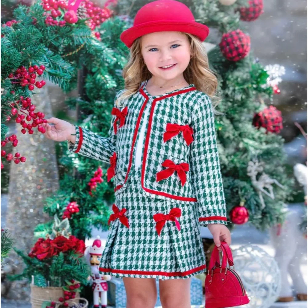 Christmas Matching Outfit Blazer & Pleated Skirt Set With Bows